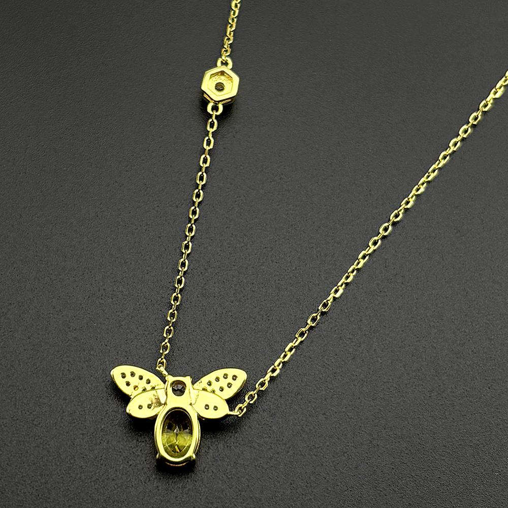 925 Sterling Silver Bee Yellow Full Zircons Pendant Necklace for Women Girl Gold Color Charms Choker Chain Statement Jewelry
