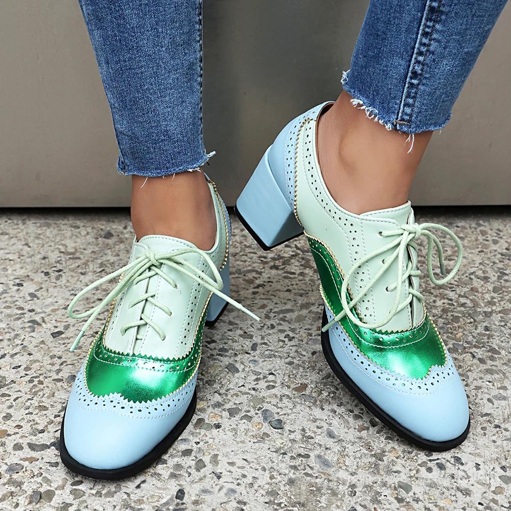 Vintage Casual Lace-up Shoes For Women Pumps Fashion Mixed Colors Women Lady PU Leather High Heels Single Shoe Big Size 34-46