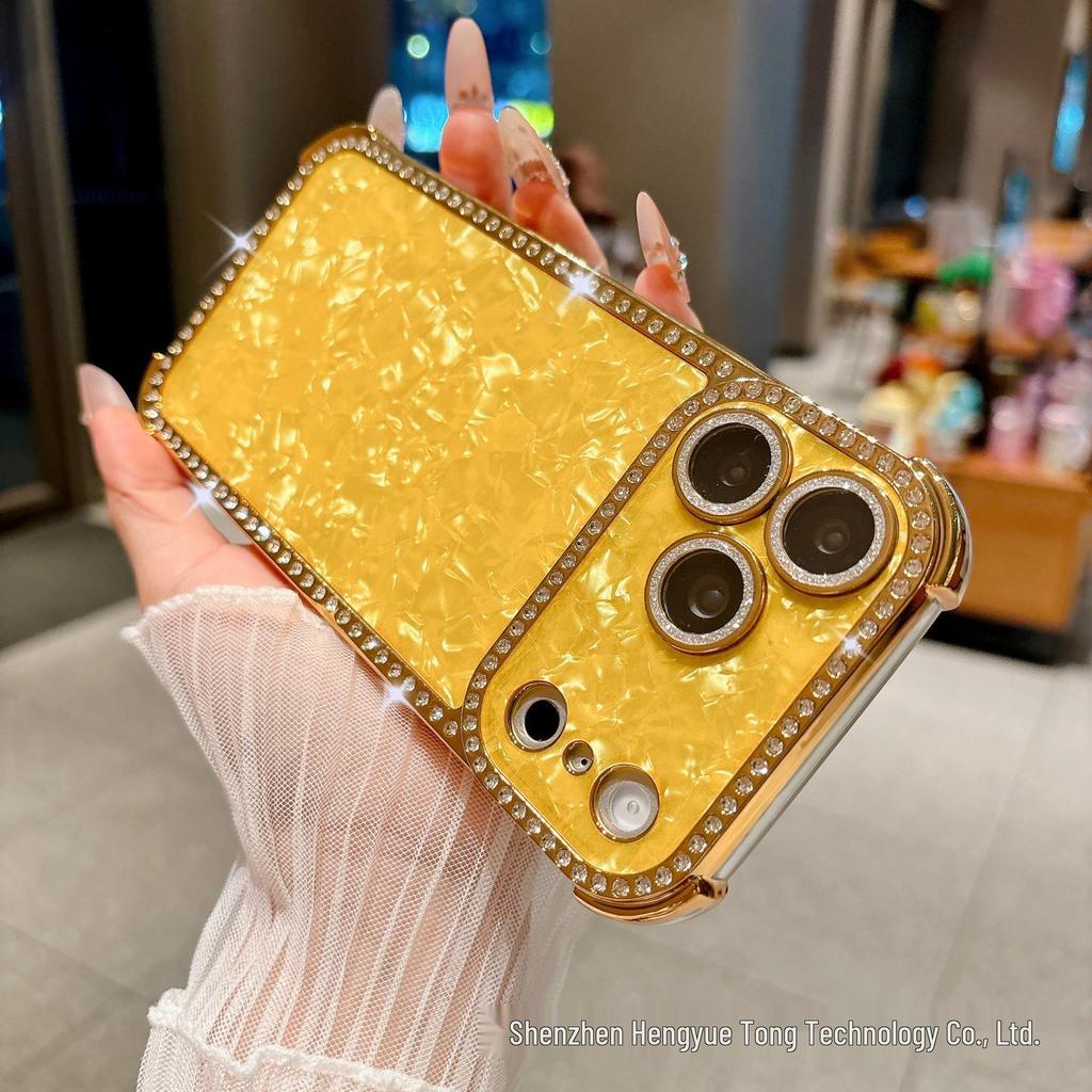 Square Rhinestone Shell Texture Phone Case for iPhone 16/17 Pro Max