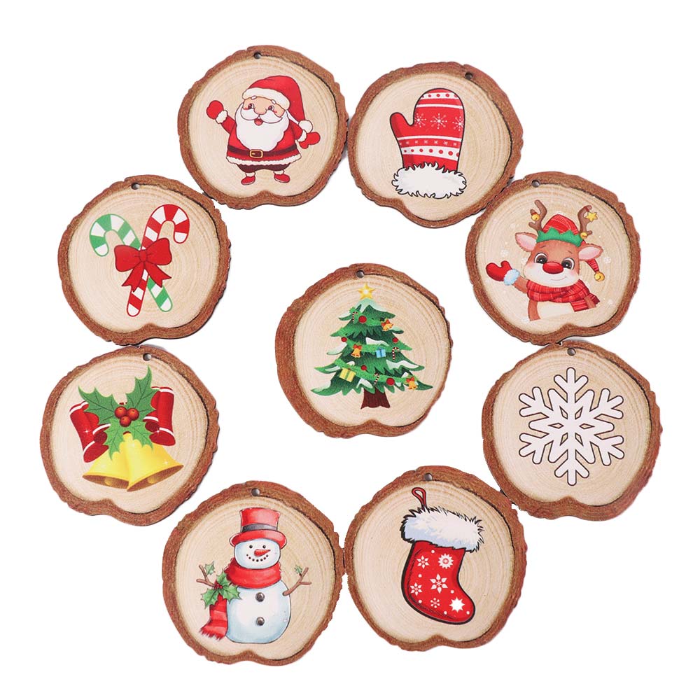 18pcs/set Vintage Christmas Tree Wood Pendant Cartoon Xmas Tree Hanging Ornament New Year