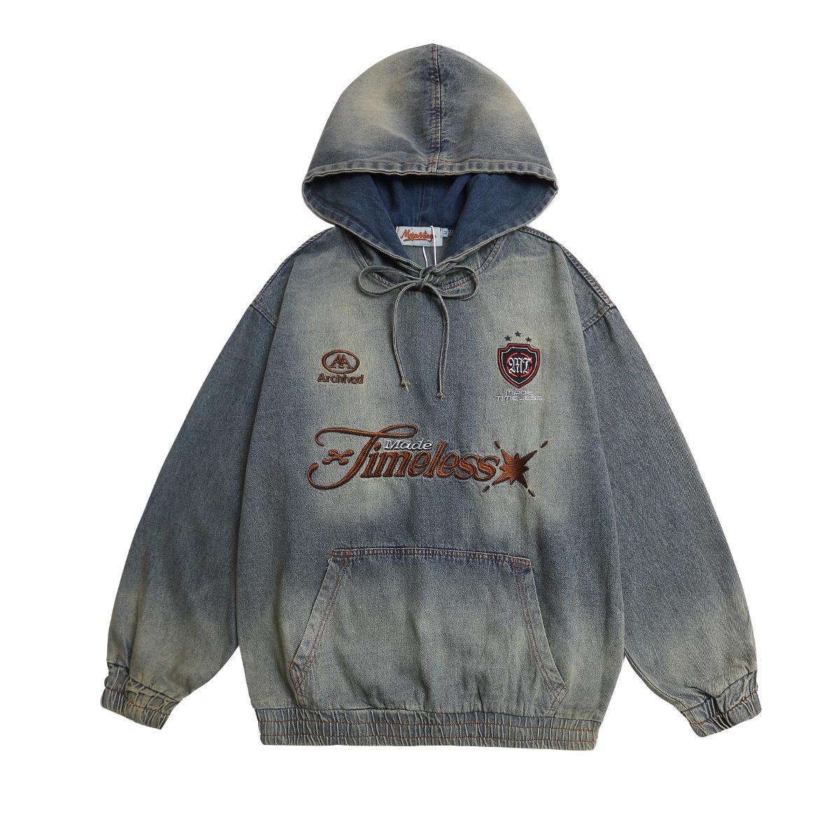 Men s new American retro washed denim hoodie Guochao heavy industry embroidered hooded sweater tide M
