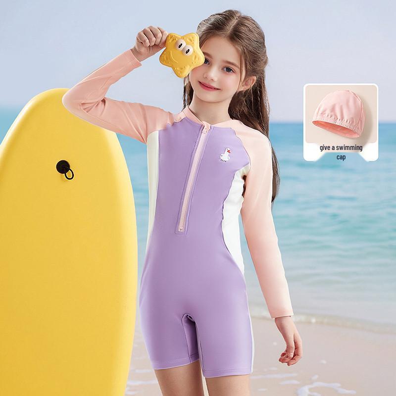 Summer Girls' One-Piece Swimsuit with Free Swim Cap - Medium & Large Professional Children's Swimwear