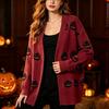 Damen Lässiger Lockersitz Halloween Kürbis V-Ausschnitt Strickjacke für Herbst und Winter