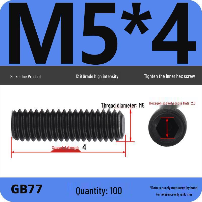 Class 12.9 Inner Hex Flat Head Headless Grub Screw M3-M12