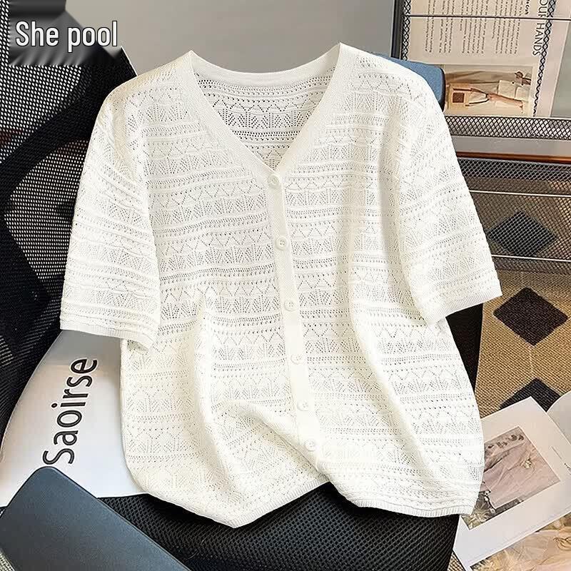 Women s Textured Hollow Knit V-Neck Short Sleeve Top One Size