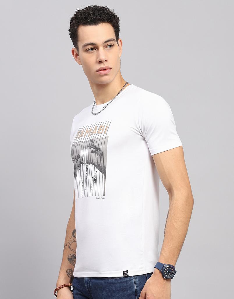 Monte Carlo Mens Printed White Round Neck Half Sleeve T-Shirt