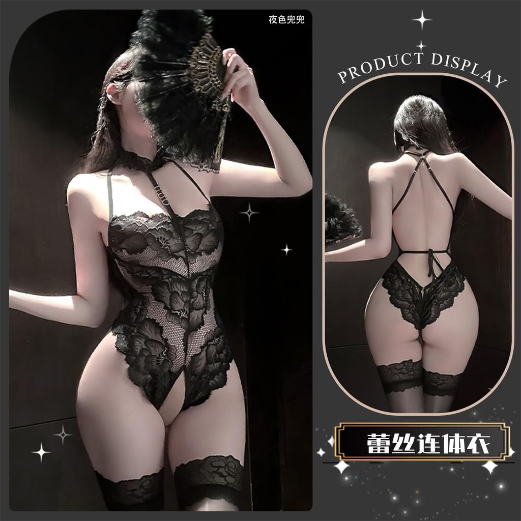 Sexy lingerie Sexy pure desire wind lace print Hollow onesie Slim open gear no-take-off clothing
