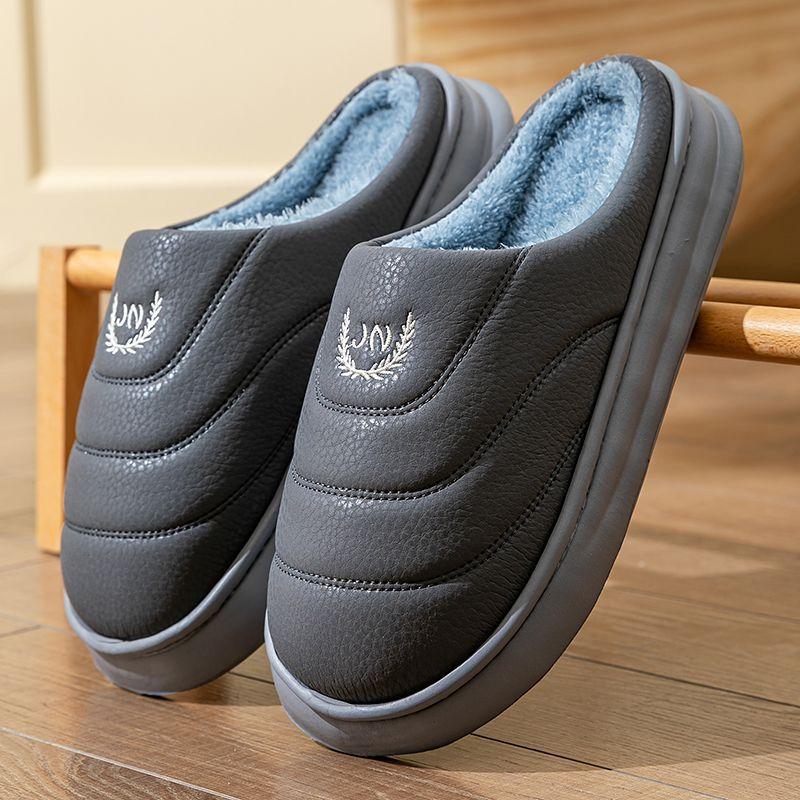 

High quality leather slippers winter indoor velvet thermal cotton slippers men s thick bottom student dormitory silent cotton mop 50-51 сірий колір