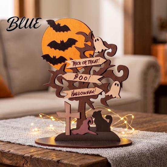Reusable Holiday Wood Crafts Halloween Moon Bat Ghost And Dead Tree Tabletop Ornament, Haunted House Theme Decor Decorative Table Centerpiece for Home