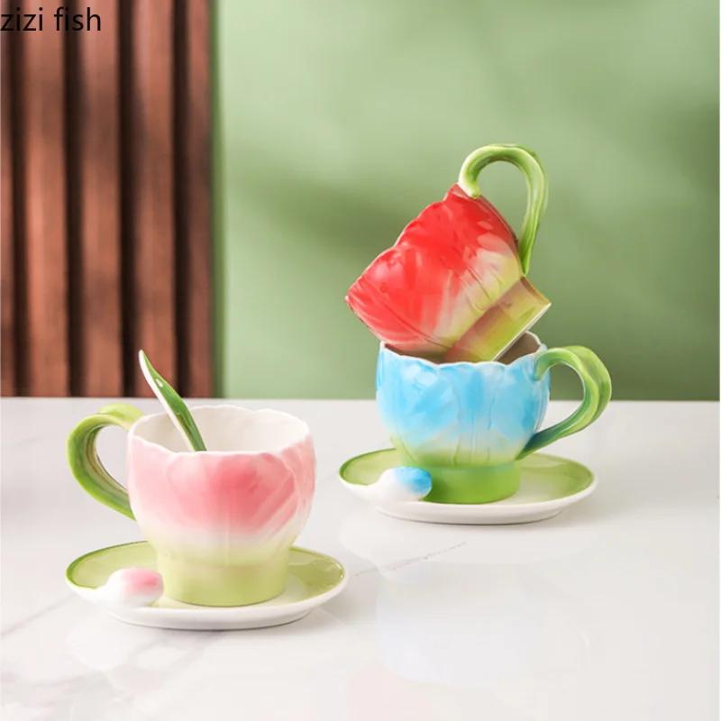 Underglaze Colored Ceramic Mug Tulip Coffee Cup and Saucer Set Flower Teacups Milk Tea Cups Water Glasses Breakfast Cup Milk Mug