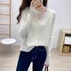 Autumn long-sleeved design sense niche top white fungus edge v-neck knitted cardigan sweater jacket bottoming shirt women