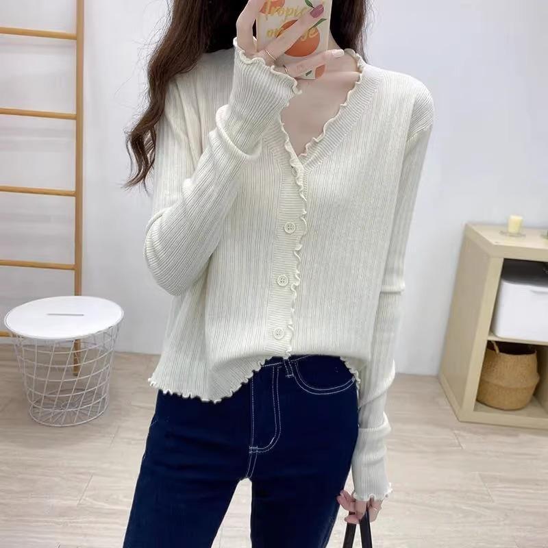 Autumn long-sleeved design sense niche top white fungus edge v-neck knitted cardigan sweater jacket bottoming shirt women