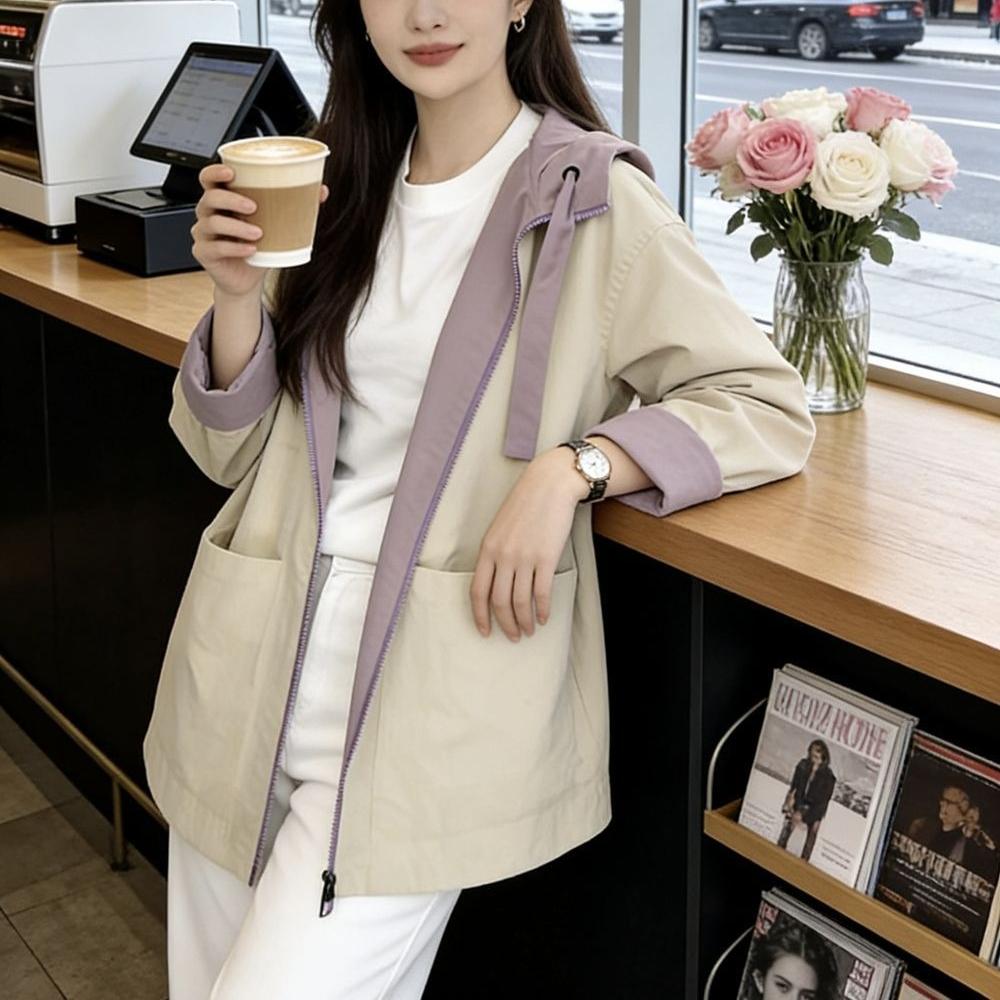 Women Mid Length Reversible Hooded Jacket Spring Autumn Loose Casual Windbreaker
