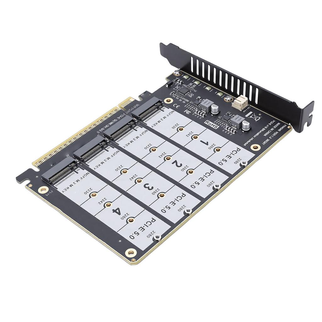M.2 PCIE 5.0 Adapter Card 4 Port M.2 NVMe SSD To PCIE X16 M Key Hard Drive Converter Reader PC Internal Expansion Card 4x128Gbps