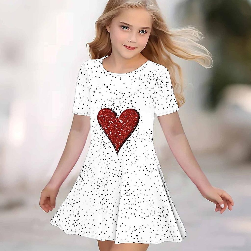 Girls 3D Print Dresses Kids Girl Party Short Sleeve Princess Dress Tank 3D Heart-shaped Print Dress