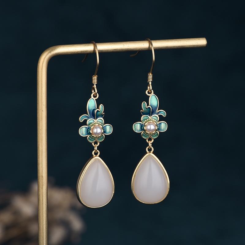 Guochao Cloisonné Enamel & Hetian Jade Gold-Plated Retro Earrings
