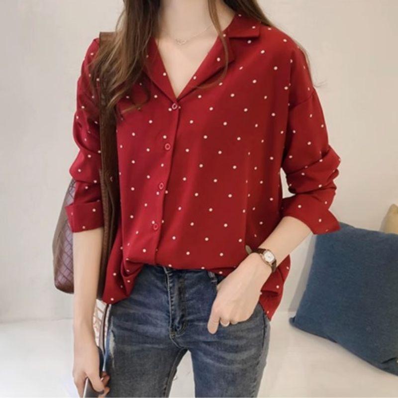 K-style Spring & Fall Hong Kong Fashion Suit Collar Polka Dot Dots Print Single Breasted Long Sleeve Shirt Top Solid Color Shirt