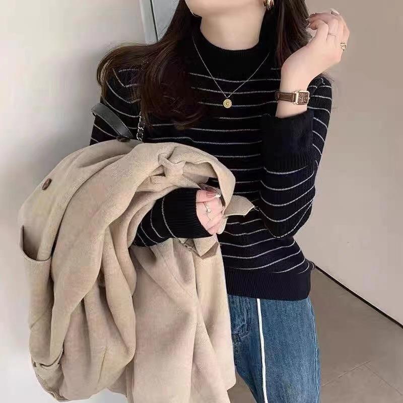 Semi-turtleneck striped color matching integrated fleece plush thick sweater for women's autumn and winter new bottoming knitted sweater for women