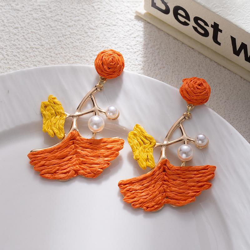 Дофаминовые Цветные Листья Ручной Работы Серьги из Рафии Женские Отпускной Стиль Сладкий Характер Уникальные Серьги Серьги