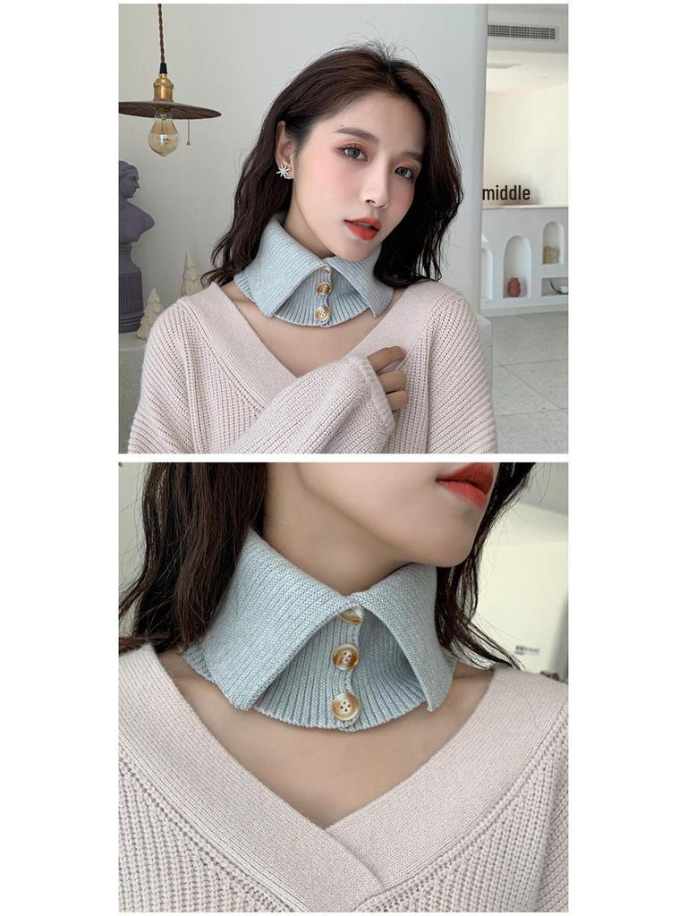 Strikket knappeskjerf for kvinner med kunstig krage – allsidig gensertilbehør for vår, høst og vinter