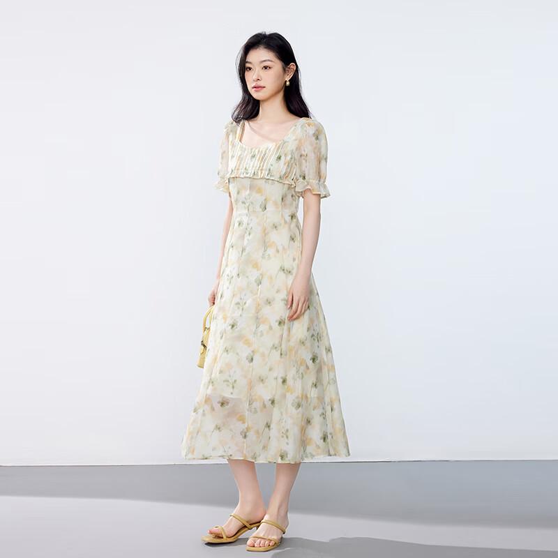 JOY SPEAKER Women's Elegant Printed Square Neck Midi Dress