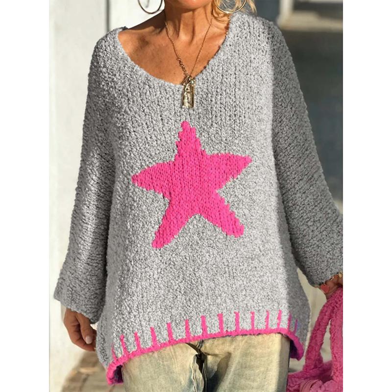 Women's Autumn Sweaters Casual Loose Star Pattern Women's Sweater Casual Loose Loop Yarn V-Neck Knitted Sweater Pullover