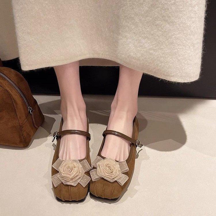 Flower Fairy Wind Mary Jane Shoes Buckle Single Shoes Women's Shoes 2025 Autumn New Soft-soled Flat-soled Shallow Mouth Beanie Shoes