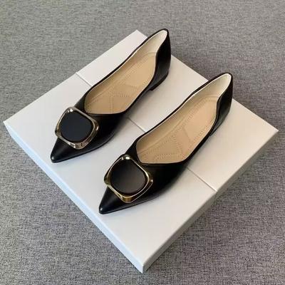 Summer 2025 New Shallow Mouth Pointed Head Flat Bottom Soft Sole Single Shoes Femininity Real Soft Leather Shoes Medium Heel Thick Heel Work Shoes