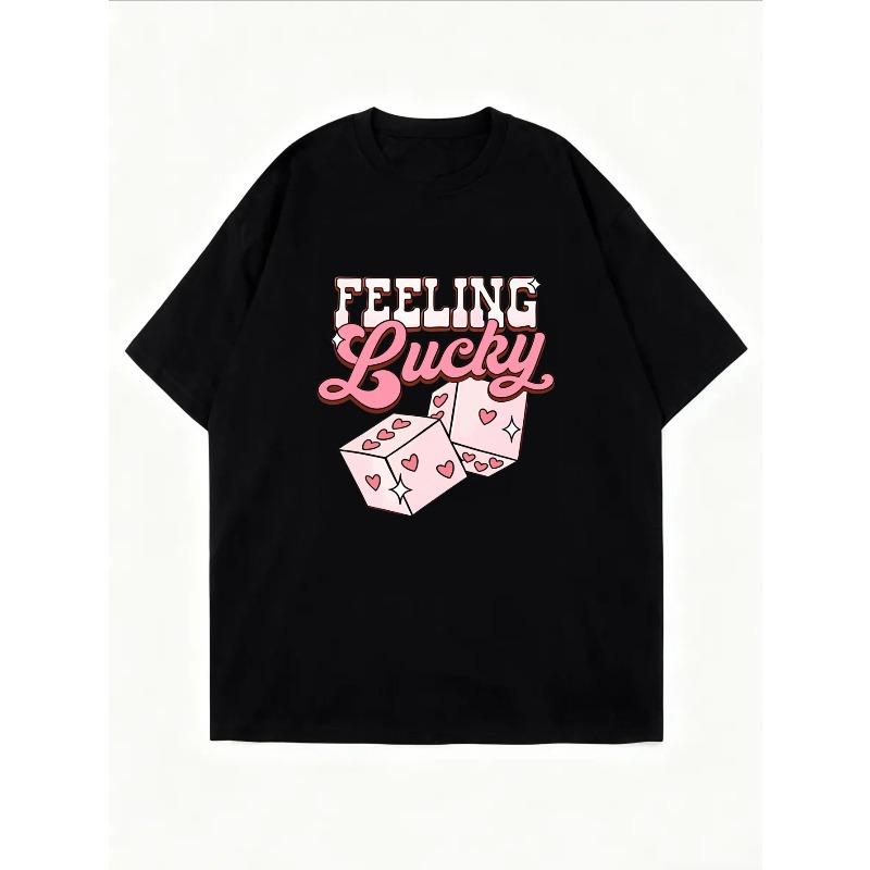 Feeling Lucky T Shirt White Pink Dice Hearts And Stars Graphic Print Casual Summer Top For Women
