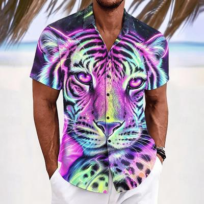 Men's Tropical Psychedelic Tiger Print Short Sleeve Shirt, Casual Hawaiian Button Down Shirt for Summer Outings
