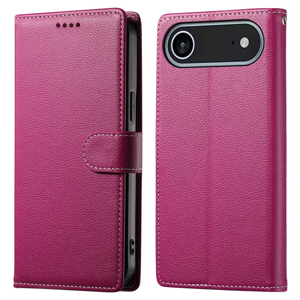 For iPhone 17 Air Case Magnetic Snap Litchi Texture Leather Wallet Phone Cover with Wrist Strap