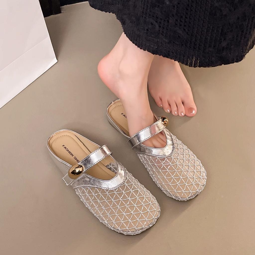 Französische Netztasche Kopf Halbschuhe Damen Sommerbekleidung schöne kühle Hausschuhe 2025 neue flache Ein-Pedal-Sandalen