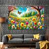 1 vibrant Spring Meadow Polyester party banner - hearty greenery and colorful flower design with butterflies and birds