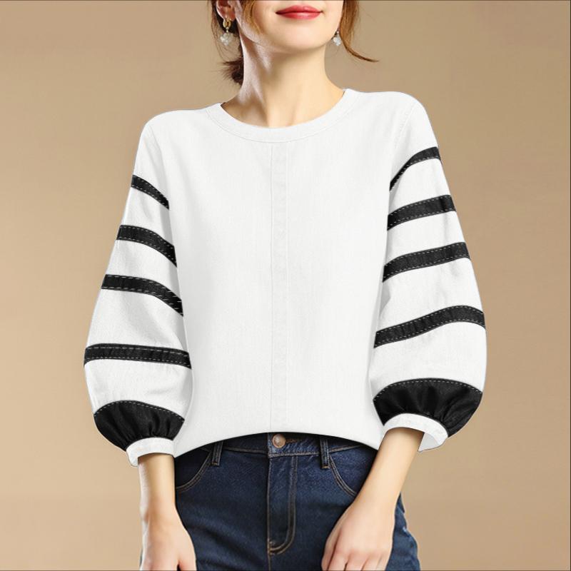 ZANZEA Women Casual Round Neck Stripe Splice 3/4 Sleeve Loose Blouse