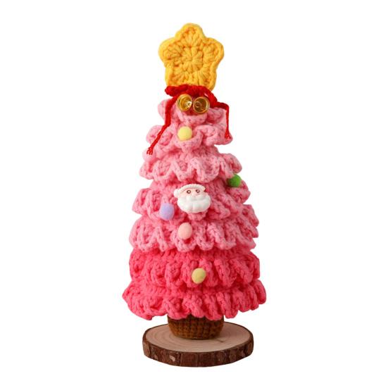 Yousheng Crochet Christmas Tree Small Handmade Multi-layered Knitting Xmas Tree with Woodgrain Base for Winter Tabletop Home Room Party Decor