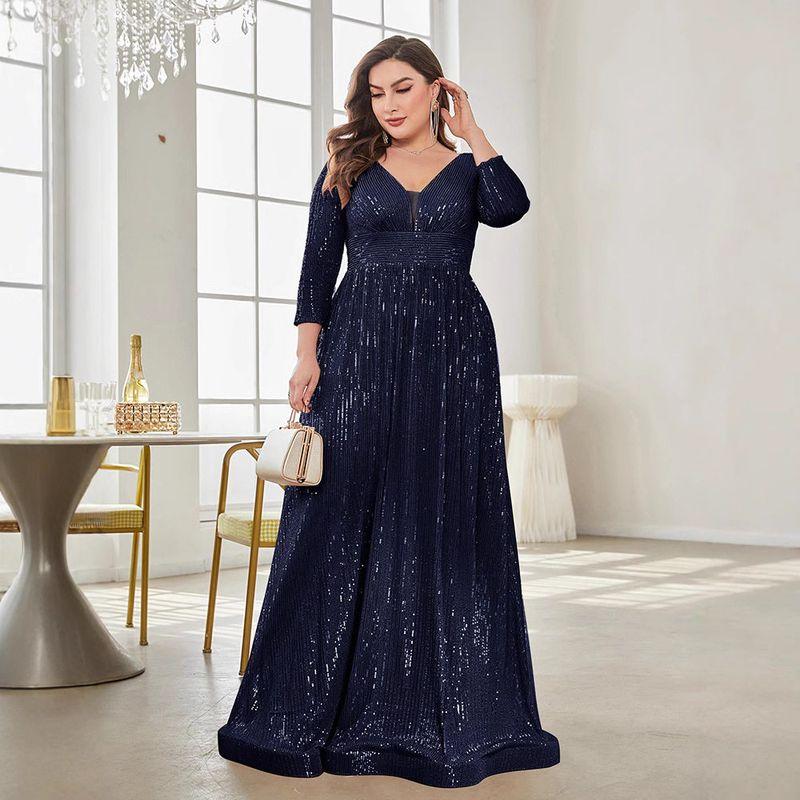 Cross-Border Amazon New Evening Dress Plus Size Sequined Long-Sleeved V-Neck Elegant Long Dress for Parties and Banquets