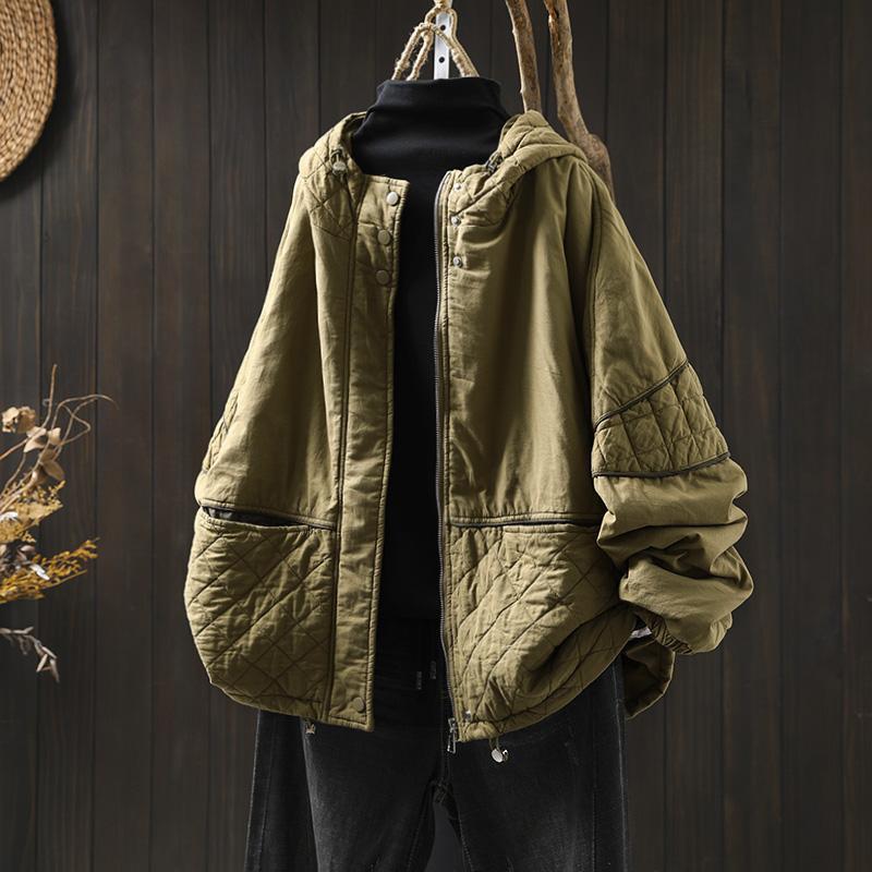 Johnature Women Vintage Hooded Patchwork Zipper Solid Color Winter Warm Long Sleeve Coats Female Casual Coats