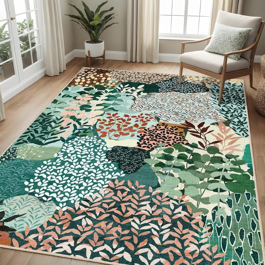 Naturpflanzen Druck Teppich Patchwork Design Wohnzimmerteppich Blattmuster Saugfähig Rutschfest Landhausstil Heimdeko Matte