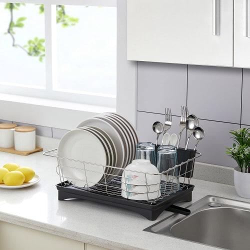 Sunaiad Dish Drainer, Draining Dishboard, Kitchen Stainless Steel with Basket, Adjustable Swivel Spout, Tray, and Storage (42 X 24.5 X 15cm, Black)