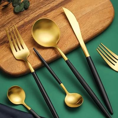 5 Pcs Black and Golden Spoon and Fork Set Stainless Steel Steak Knife Fork Spoon Dessert Spoon Tableware Kitchenware Set