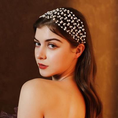 Handmade Rhinestone Hair Band Exquisite Pearl Princess Hair Band Fashion Bride Tiaras  for Bride