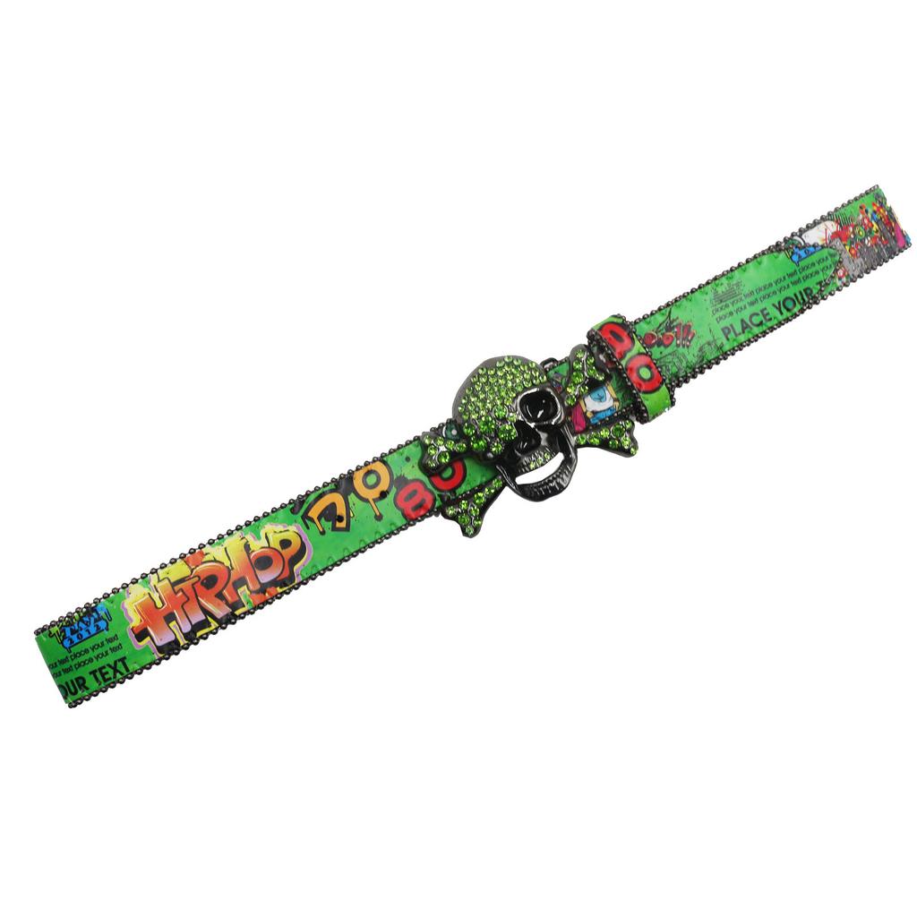 Big Skull Rhinestone belt women Men's PU leather belt Crystal set Western Cowgirl Diamond belt Colorful little tree graffiti