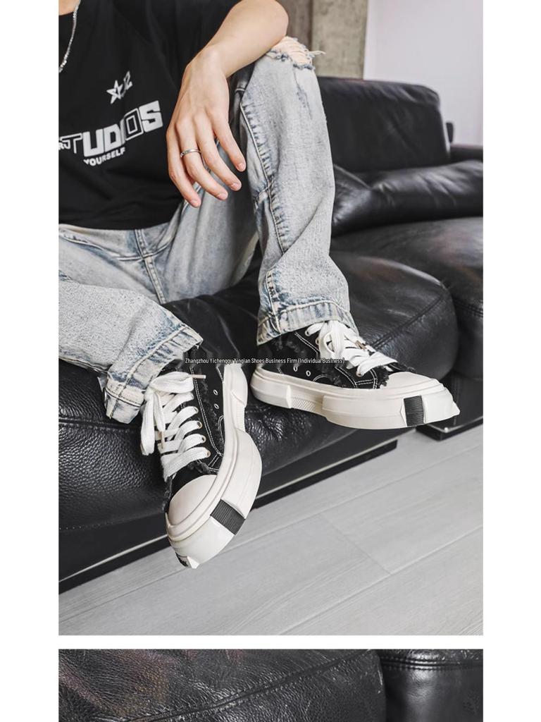 Herren Schwarze Sommer Canvas Plateau Sneaker: Atmungsaktive, höhenerhöhende, lässige Schuhe im amerikanischen Stil für Studenten