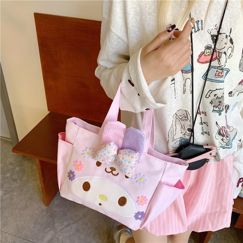 New cute rabbit ears flower canvas embroidered shoulder bag lunch bag portable student bento shoulder bag