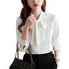Women Shirt Stand Collar Lace-up Bowknot Long Sleeve Pleated Pullover Tops Solid