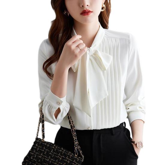 Women Shirt Stand Collar Lace-up Bowknot Long Sleeve Pleated Pullover Tops Solid