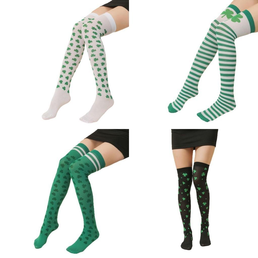 Women St. Patrick's Day Thigh High Striped Shamrock Socks Over Knee Stockings