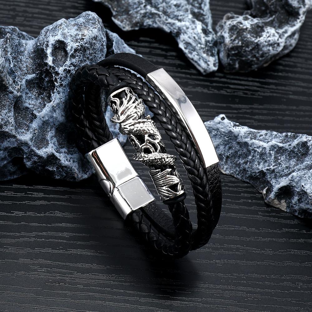 Многослойный плетеный кожаный браслет с пряжкой из титановой стали Панк-веревочный браслет для мужчин чёрный