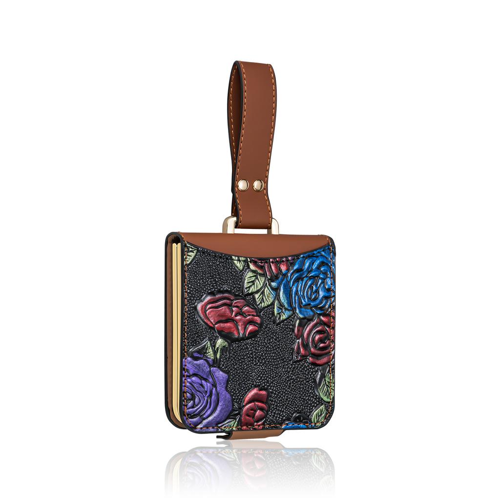 Kompatibel mit Galaxy Z Flip 7/6/5/4/3 Hülle mit Kartenfächern, 3D-Reliefmalerei PU-Leder Handyhülle mit Armband
