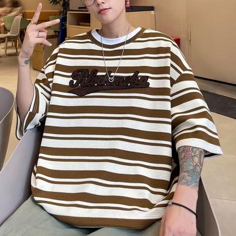 

Youthful Vitality Striped O-Neck Pullovers Summer American Retro Letter Men s Clothing Contrasting Colors Casual Loose T-shirts XXXL коричневый